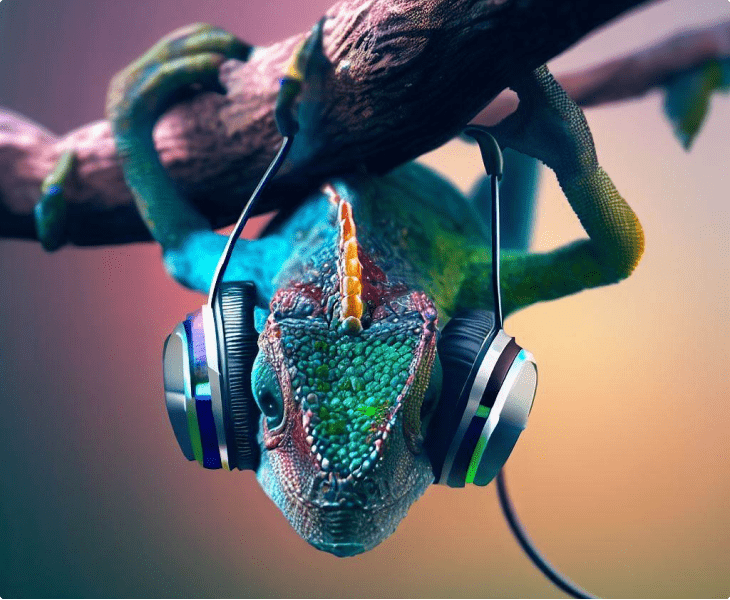 Afbeelding van een kameleon met een hoofdtelefoon